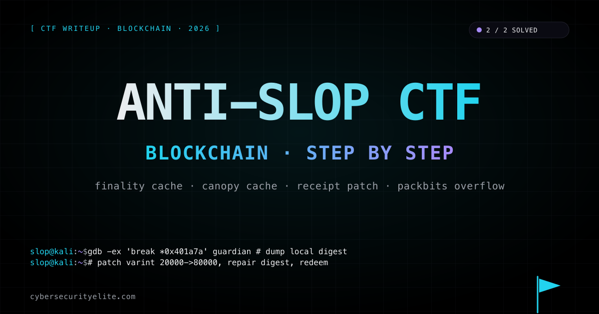 Anti-Slop CTF 2026 blockchain writeup — Finality Cache receipt commitment patch and Canopy Cache PackBits overflow into the bind table