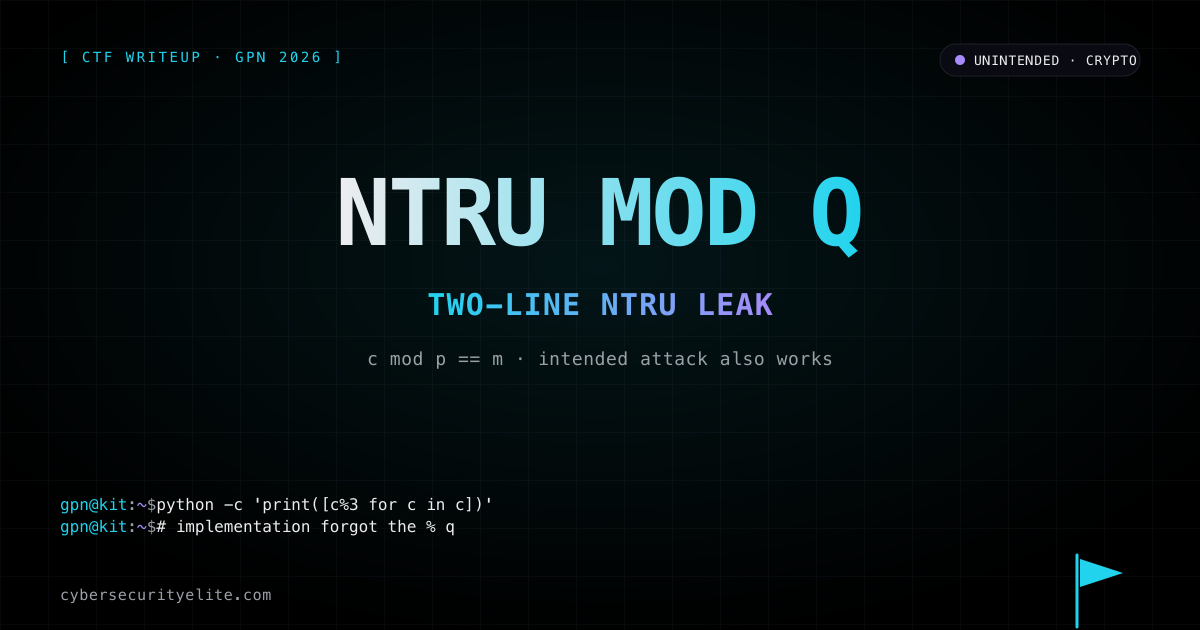 GPN CTF 2026 Guess the Taste writeup — NTRU missing mod q reduction, c mod p == m unintended solve