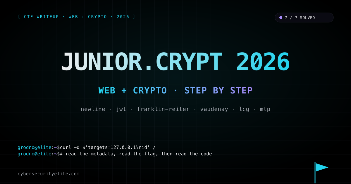 Junior.Crypt 2026 web + crypto writeup — seven challenges solved covering newline-based shell command injection through a first-line-only validator, HS256 JWT with a wordlist-cracked butterfly secret, timestamp-seeded RSA key generation with 604800 candidates, offline Vaudenay CBC padding-oracle replay from a timing trace, Franklin-Reiter with e=3 and a known affine relation, LCG with 20-bit truncated seed, and many-time pad recovered by multiset match against a fixed template
